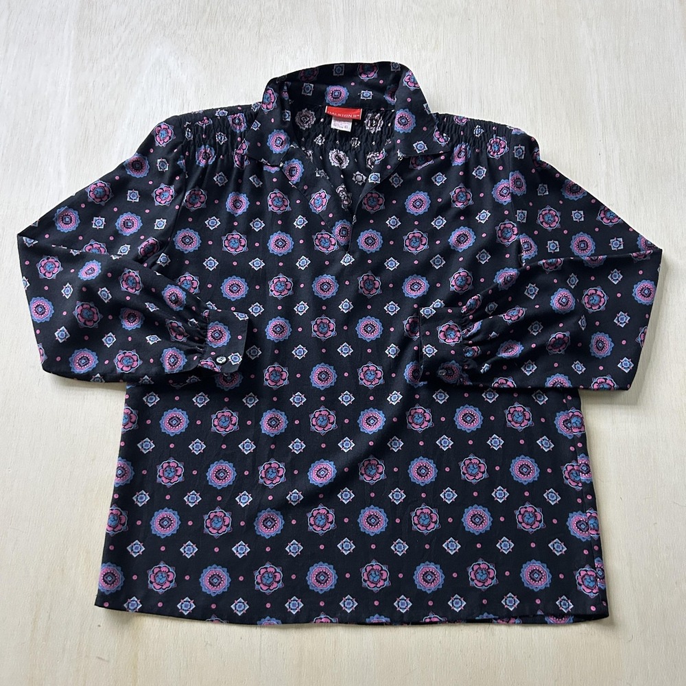 Vintage Halston III Blouse Womens 6 Black Floral Collared Long Sleeve Top Boho